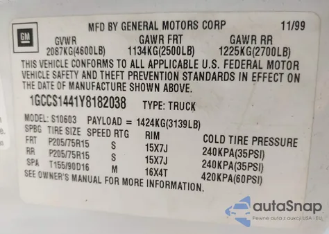 2000 Chevrolet S-10 Ls из США, поврежденный, VIN 1GCCS1441Y8182038